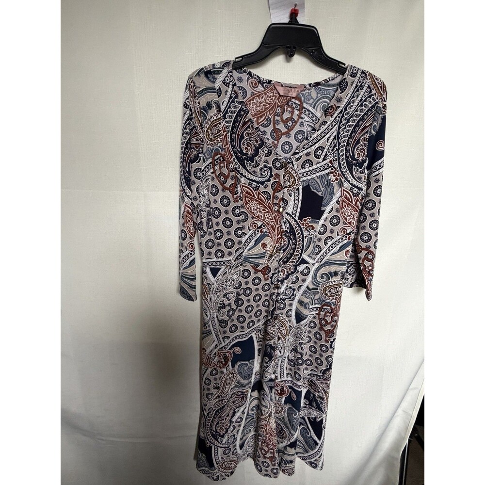 SJS Multicolor Paisley Ruched Stretch Sheath Dress 3/4 Sleeve Knee M
